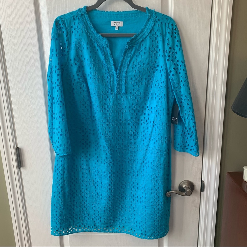 Crown & Ivy Turquoise Eyelet Shift Dress NWT L10